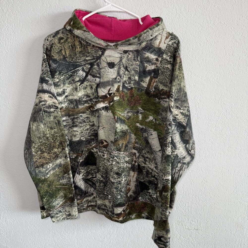 Mossy Oak Womens Camo Pullover Hoodie Sz Large Camouflage Hunting Pink Logo